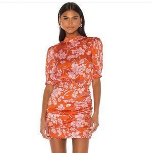 Song Of Style Edison Mini Dress Pink Floral Bodycon Ruched Puff Sleeves Size M